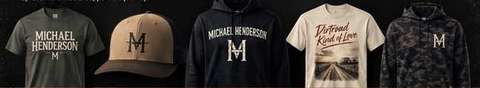 Michael Henderson merchandise collection featuring branded shirts, a cap, a hoodie, and a camouflage design
